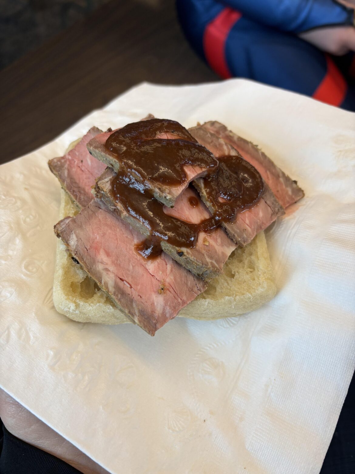 A reheated steak bbq sandwich at a ski lodge