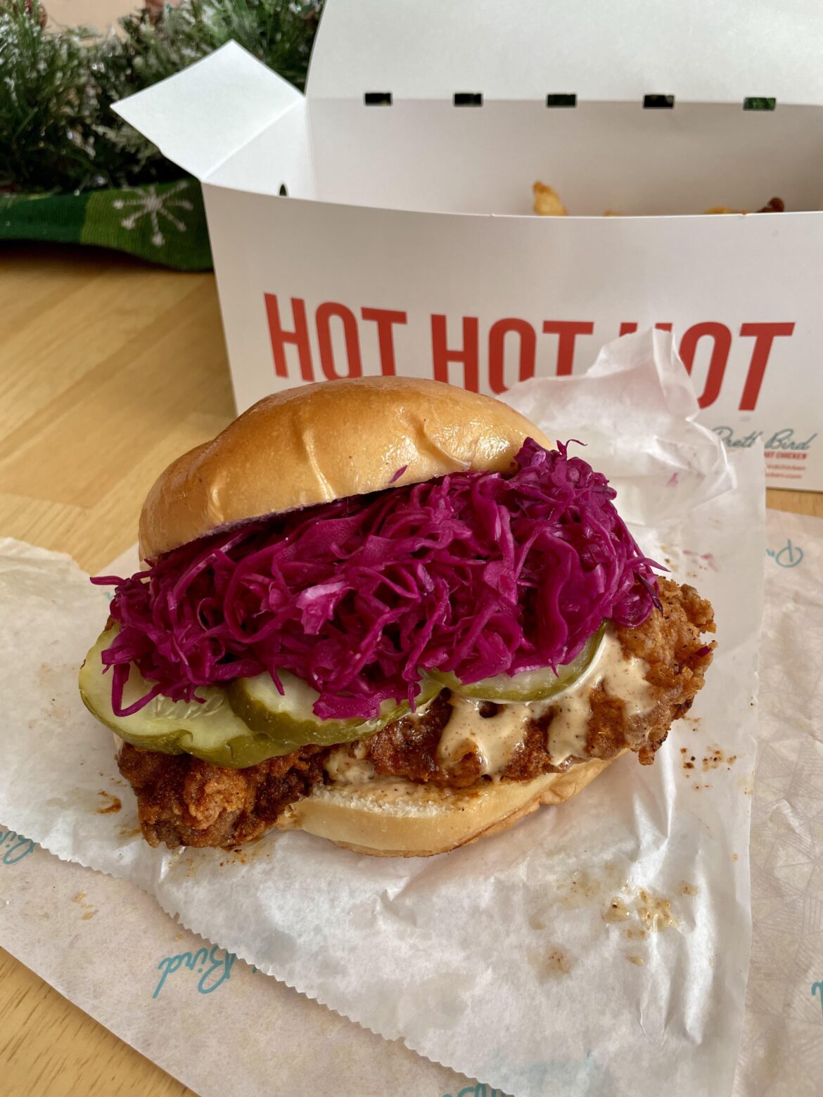 Pretty Bird chicken sandwich with Hot Behind level of hot.  Wish me luck later tonight in the bathroom