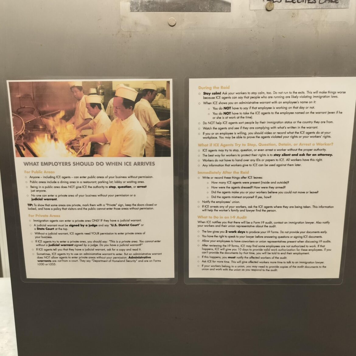 Hope this is ok to post. Our owner put this up in the kitchen and is taking extensive steps to protect our immigrant co-workers, huge respect.