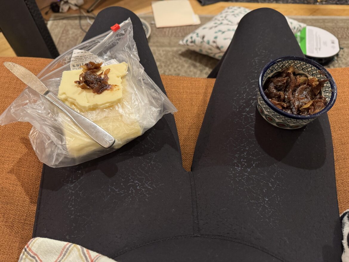 caramelizing an onion has become my favorite way to feel better when i'm sad. i left a really awesome person today because we just weren't physically compatible. i don't know if stress-eating delicious onion and crappy cheese is healthy, but i'd 100% recommend onions as a cheap therapy alternative(: