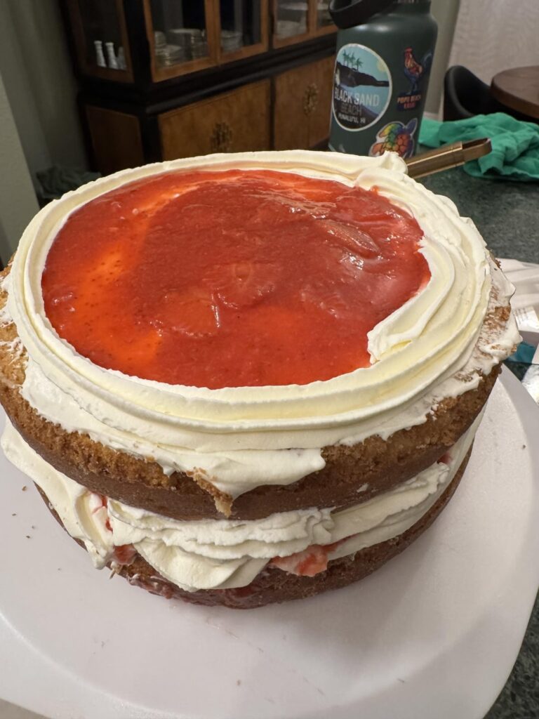 I made this strawberry cake for my husband’s birthday. I’m really proud.