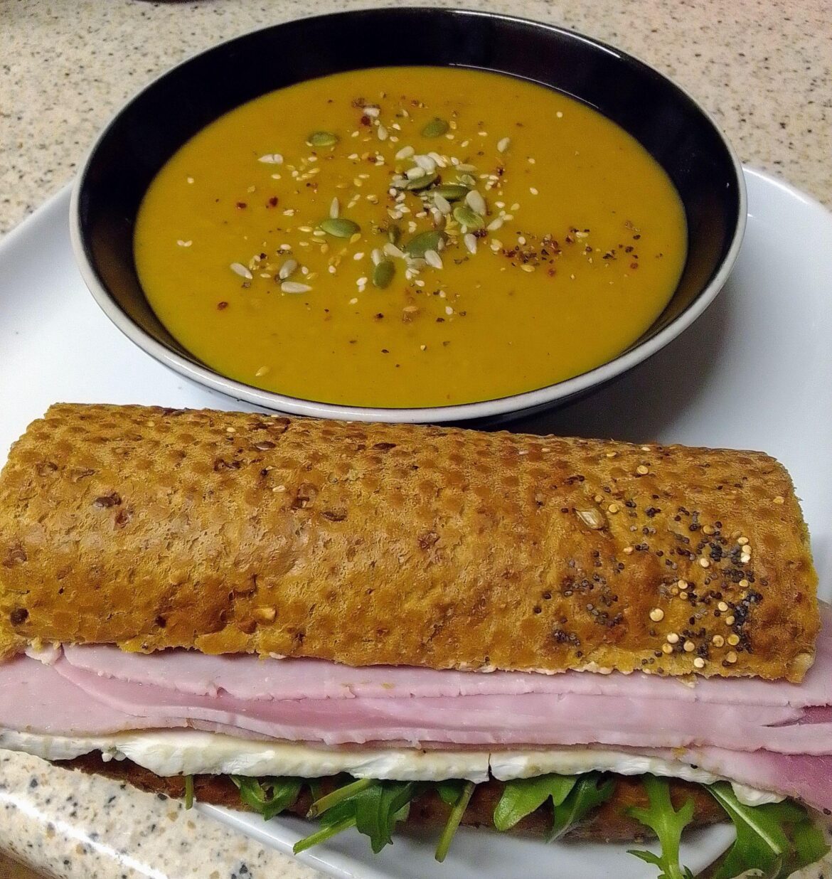 Spiced squash soup. Ham, brie & cranberry sauce sandwich.