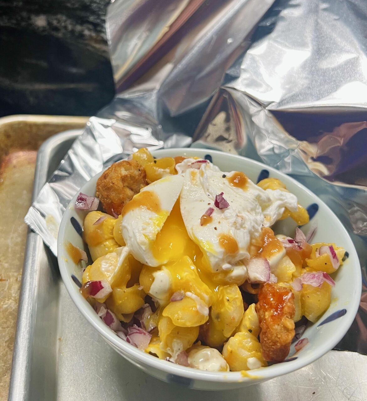 Garbage Plate in a bowl (w/ a poached egg on it!)