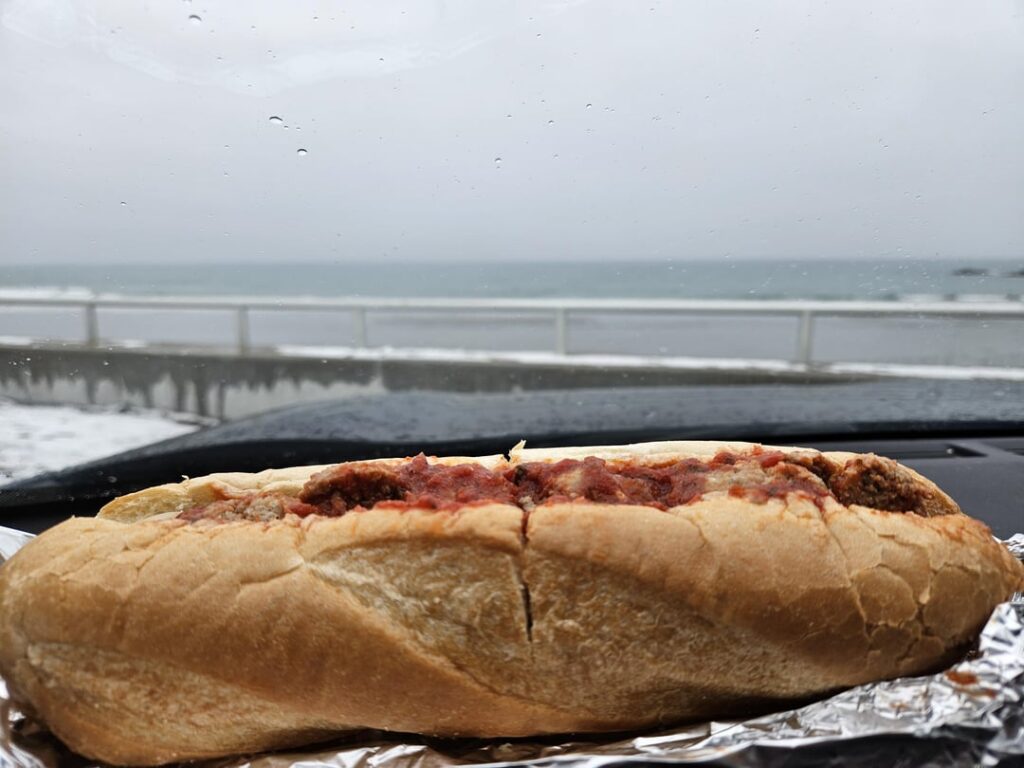 Meatball Sub at a snowy beach