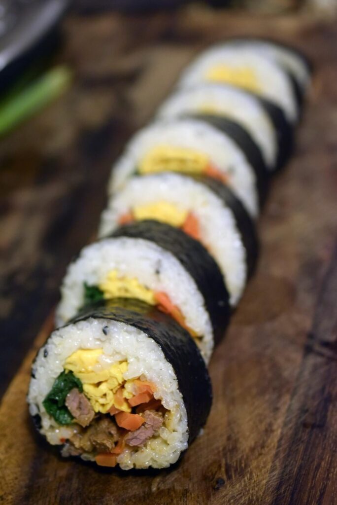 My first attempt at kimbap. (Marinated steak, eggs, spinach and carrot.)