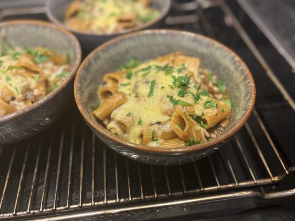 French onion pasta with grilled cheese