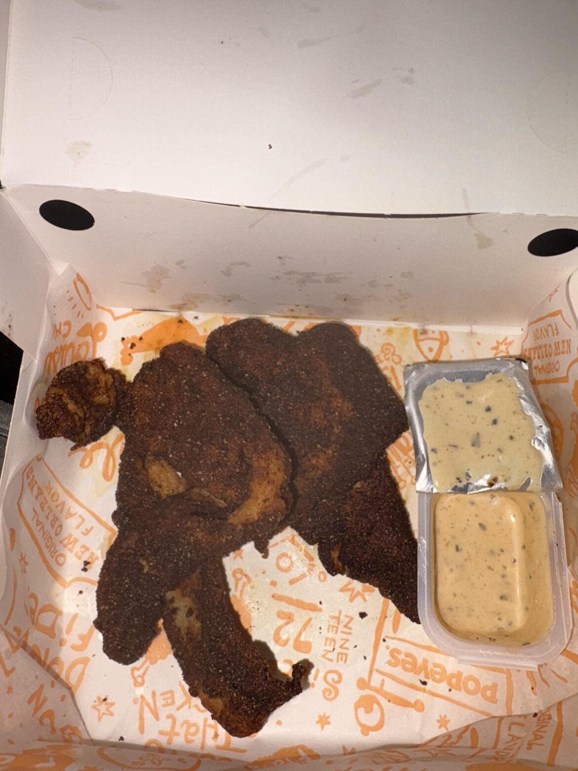 These *very* blackened chicken tenders I got from Popeyes