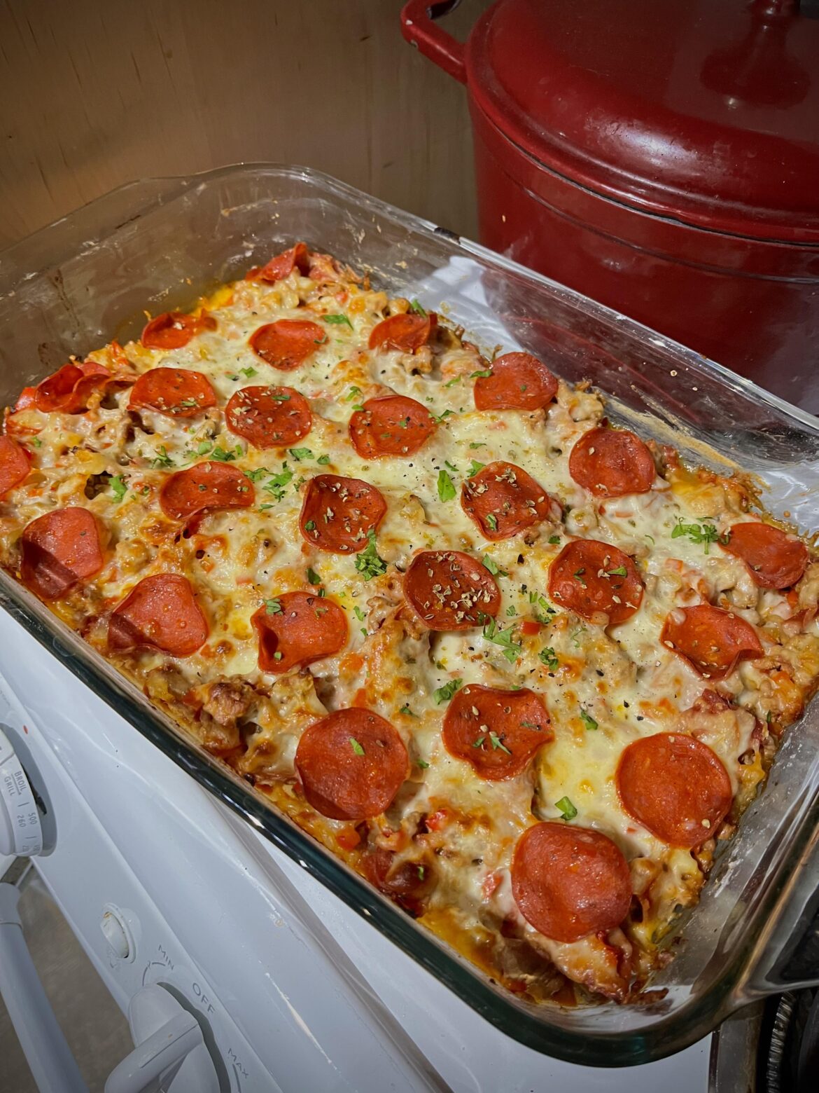 A big deep dish pizza, made with the Greek yogurt dough. Will be 360 calories per slice, and 31g protein :)