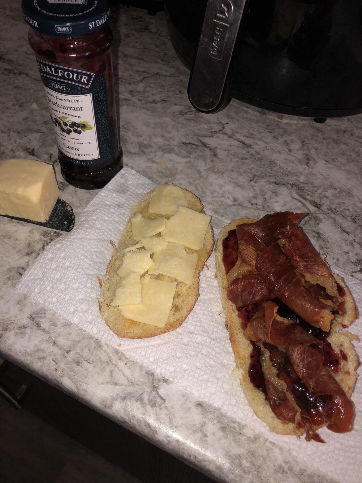 My GOAT sandwich. Fried Prosciutto, Snowdonia Cheddar and Black Currant jam on Sourdough. Simple Sweet/salty/savoury perfection.