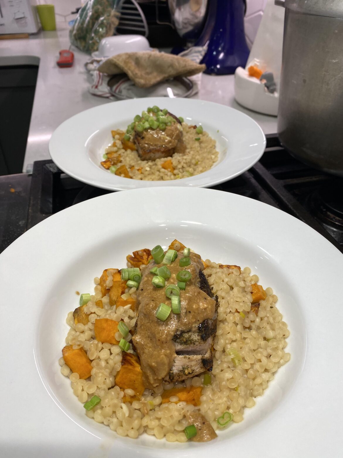 Pork with couscous and sweet potato