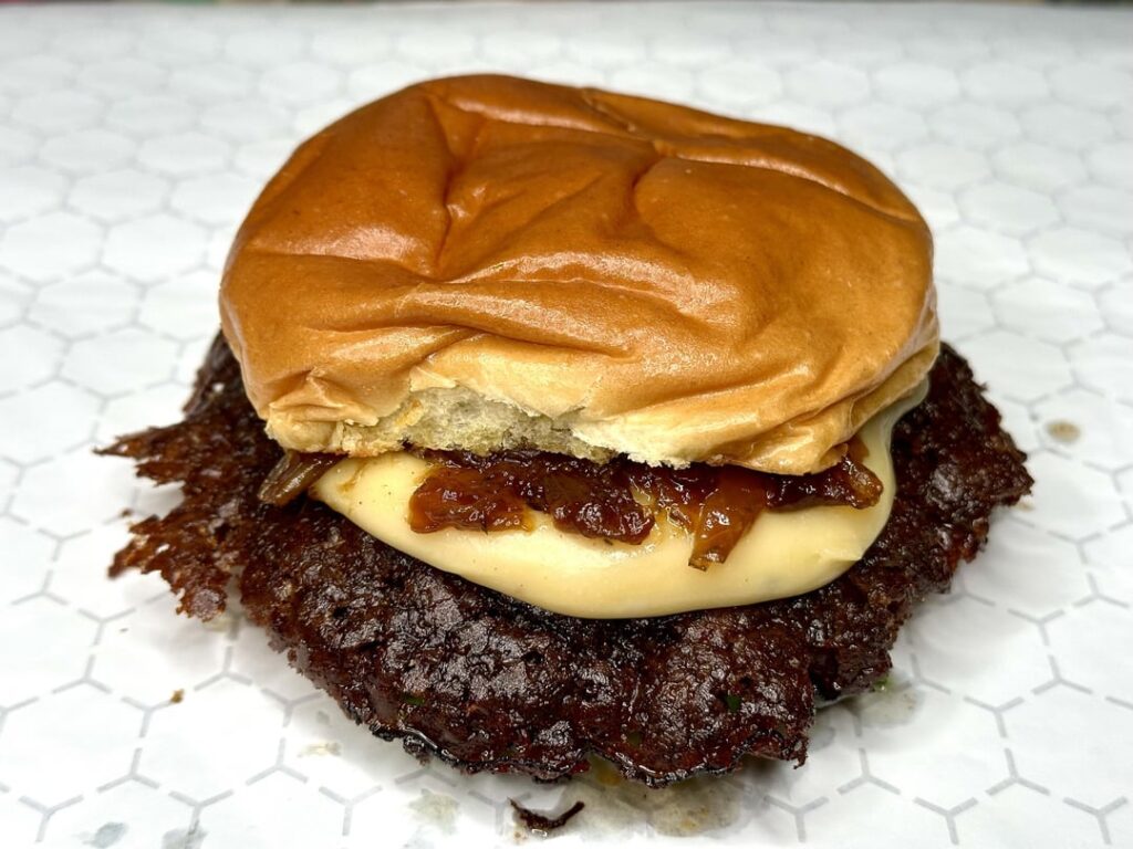 Weekly burger night - caramelized onions and cheddar cheese sauce