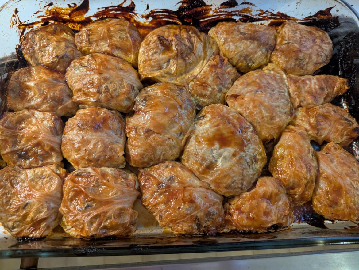 Fridge clean out - leftover pulled pork cabbage rolls.