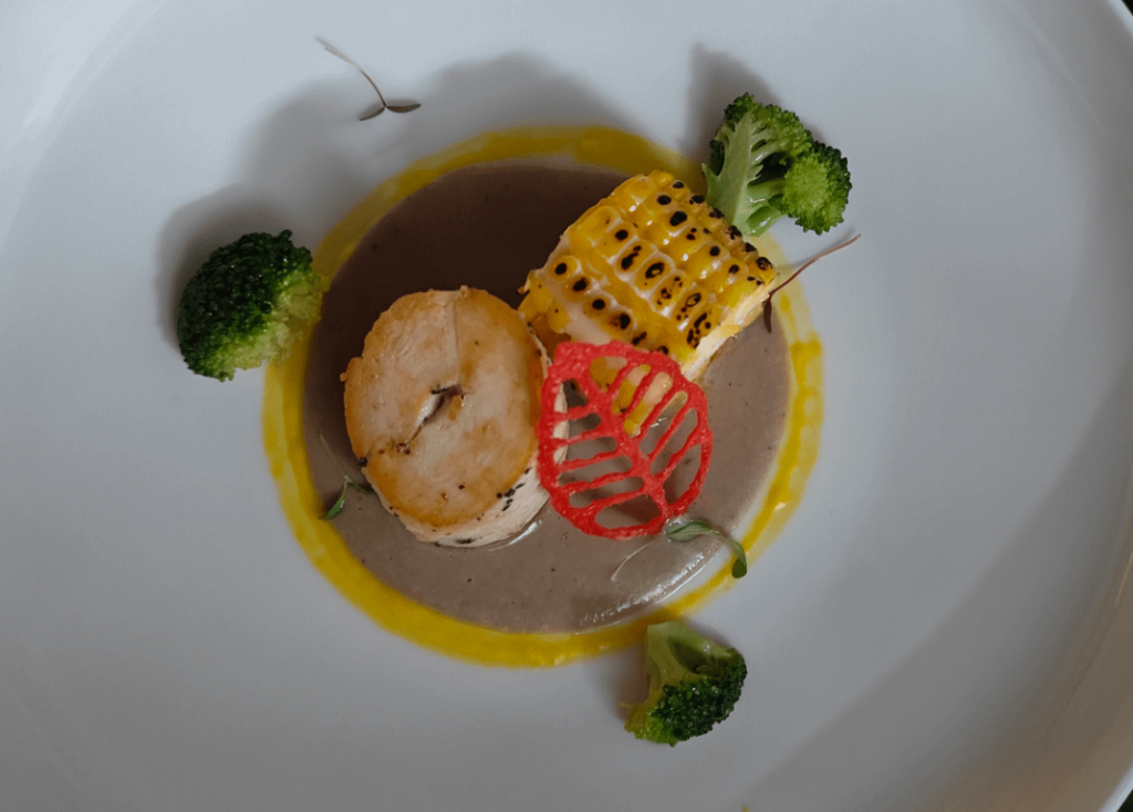 Sous Vide Chicken Roulade, Corn stuffed with Polenta, Mushroom Puree, Broccoli