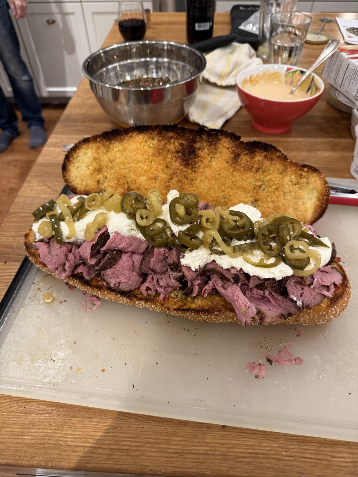 It’s just a great sandwich..roast beef, burrata, pickled jalapeños and banana peppers on garlic bread with bomba calabrese.