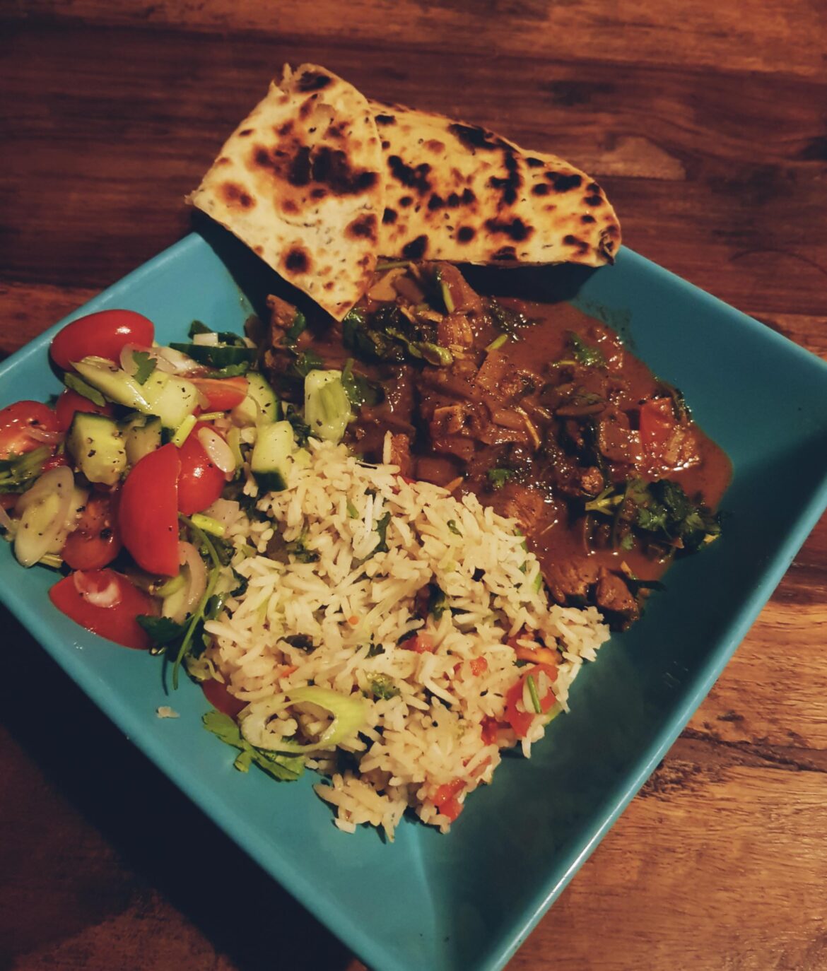 Rogan Josh from Leftover Xmas Lamb, Spinach Rice, Homemade Flatbread and A Cucumber Salad