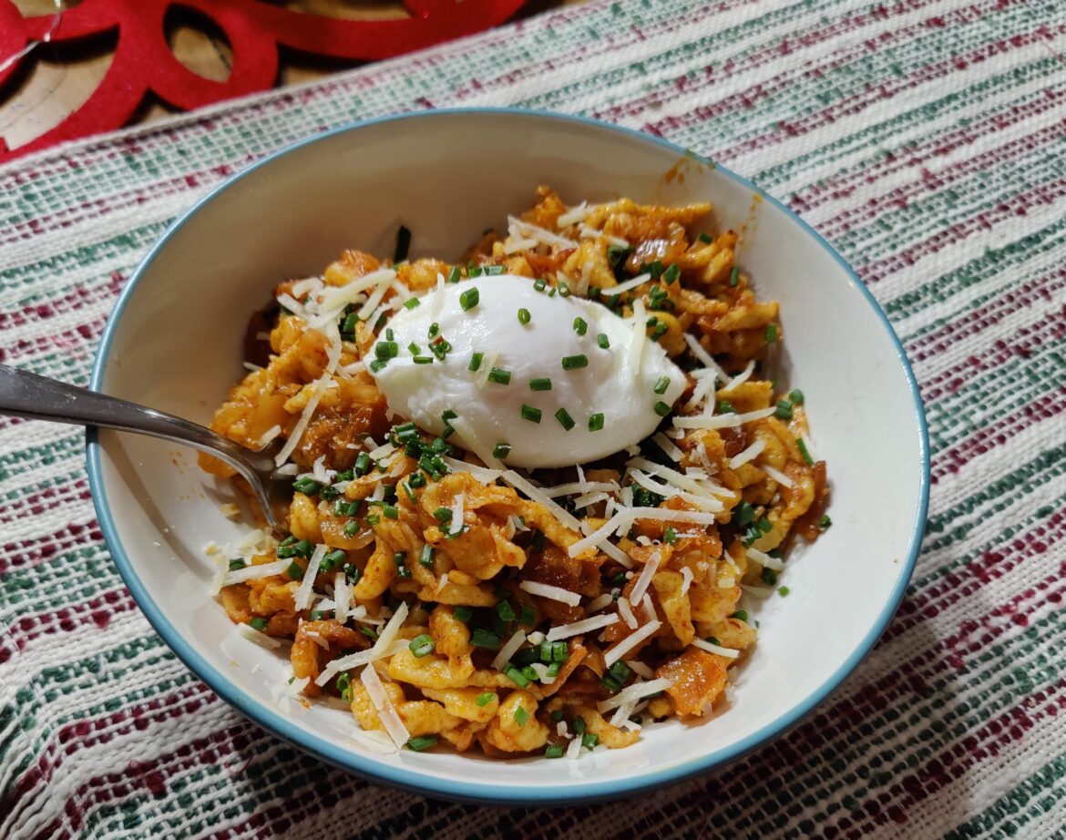 I made Kenji's bacon and kimchi spaetzle