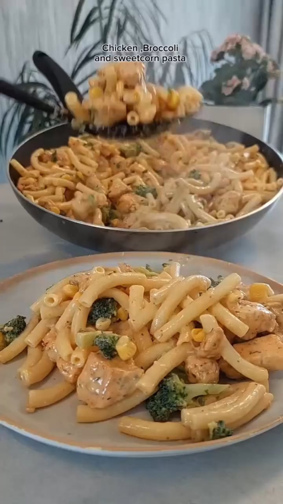 Savoury Chicken, Broccoli, and Sweetcorn Pasta