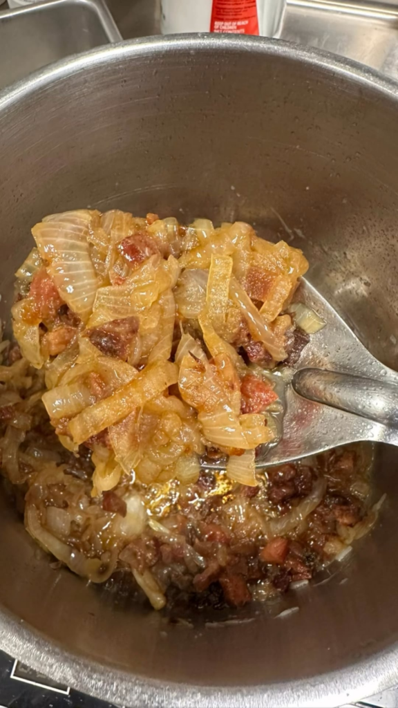 Chicken and Swiss with guanciale caramelized onions and ranch dressing 😋