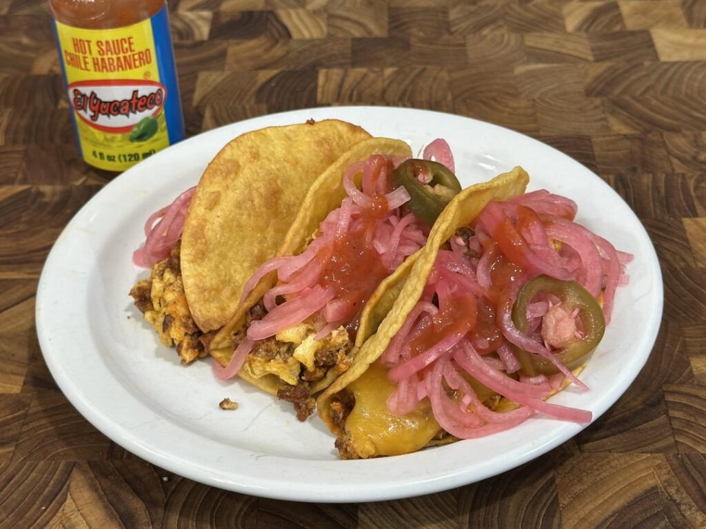 21hr6min ago i made pickled onions. now i have chorizo and egg tacos.