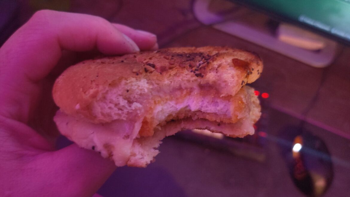 Homemade spicy breaded chicken patty with everything buns, ghost pepper jack, and a dab of Dave's ghost pepper sauce