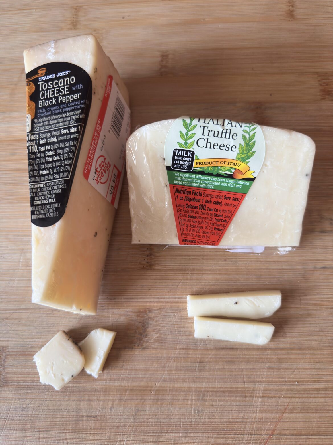 Tasting some TJ’s cheeses. Until now, I’ve only had the unexpected cheddar.