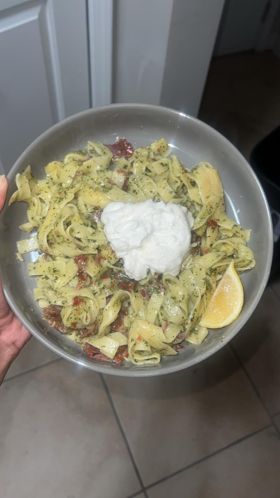 Pesto Fettuccine & Crispy Prosciutto