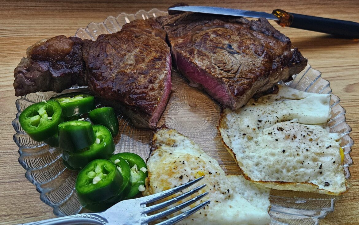 Steak and eggs after shoveling snow.
