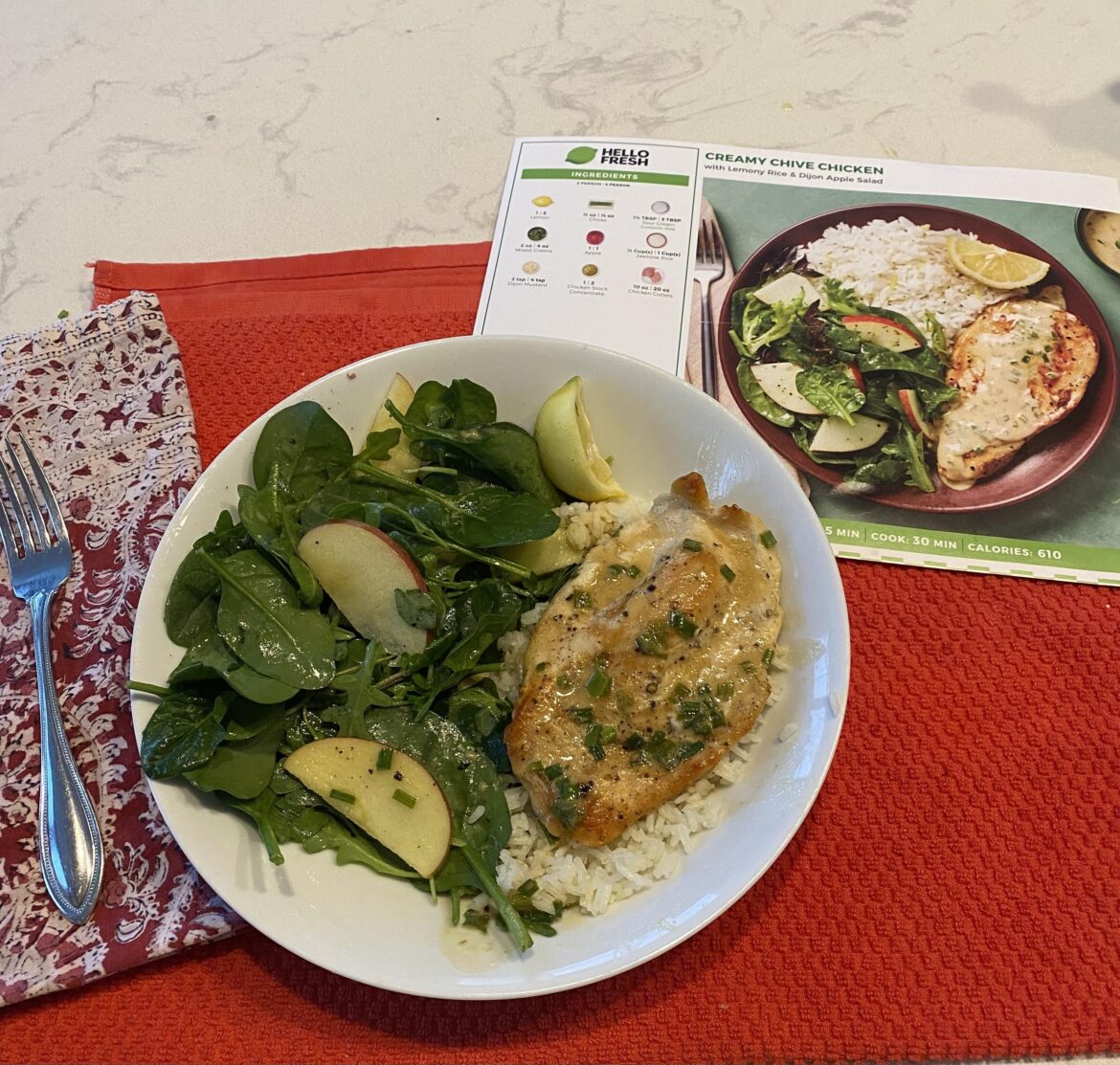 Creamy chive Chicken w/ Jasmine rice and apple salad.  😋
