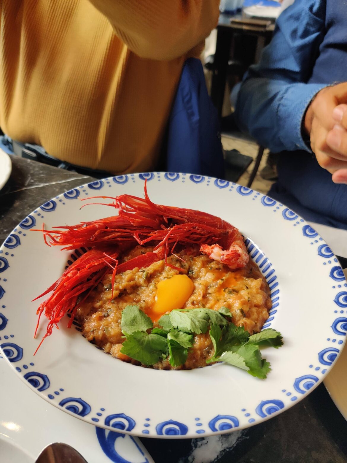 Açorda de gamba e carabineiro (bread dish with shrimp, egg yolk, coriander)