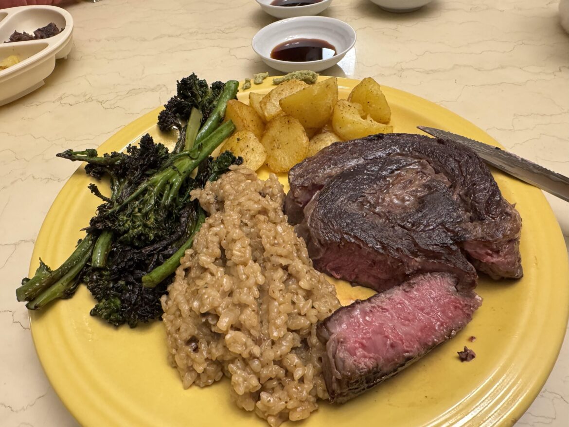 Costco Wagyu ribeye cap roll, with porcini Gorgonzola risotto