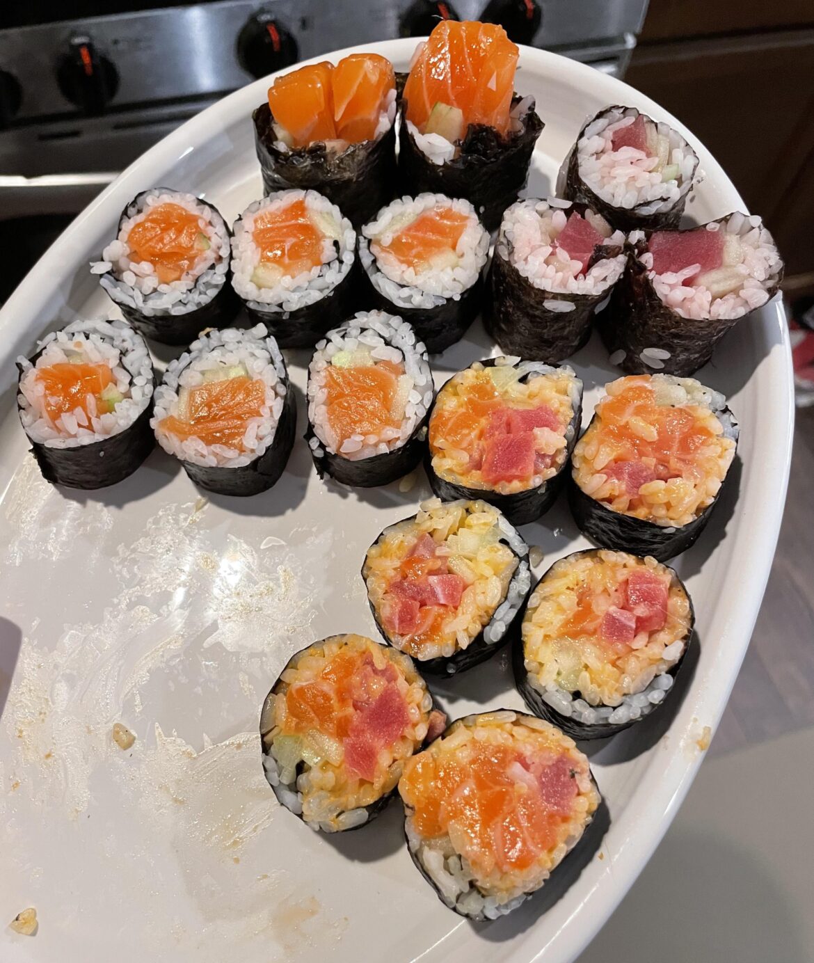 Tuna, Salmon, and Spicy Tuna/Salmon combo rolls I made for dinner