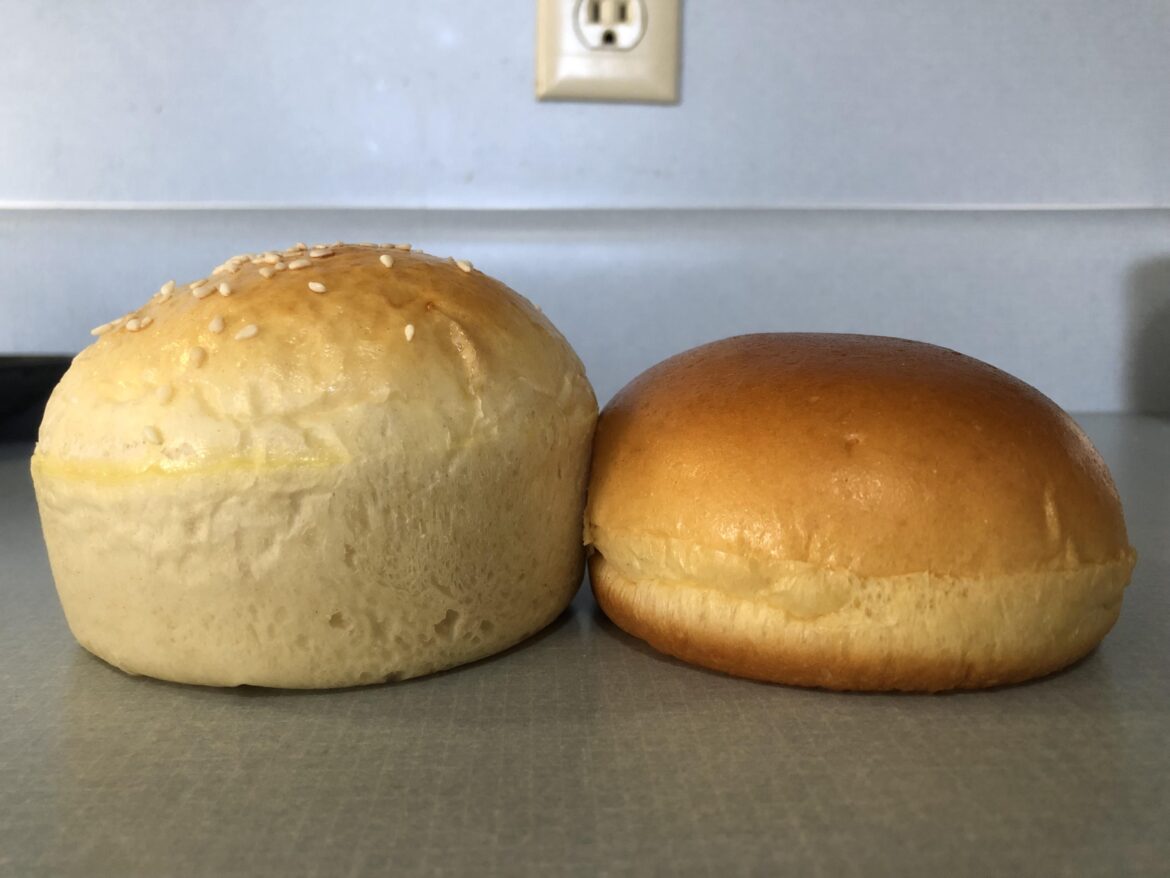 Homemade bun versus store bought. The one on the right is store bought.