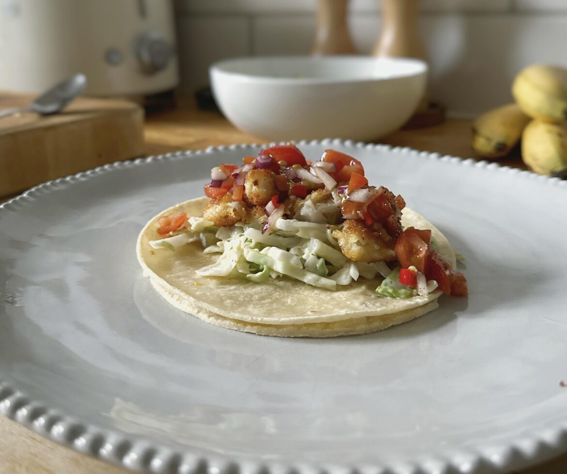 Fish finger taco + homemade slaw/salsa/hotsauce