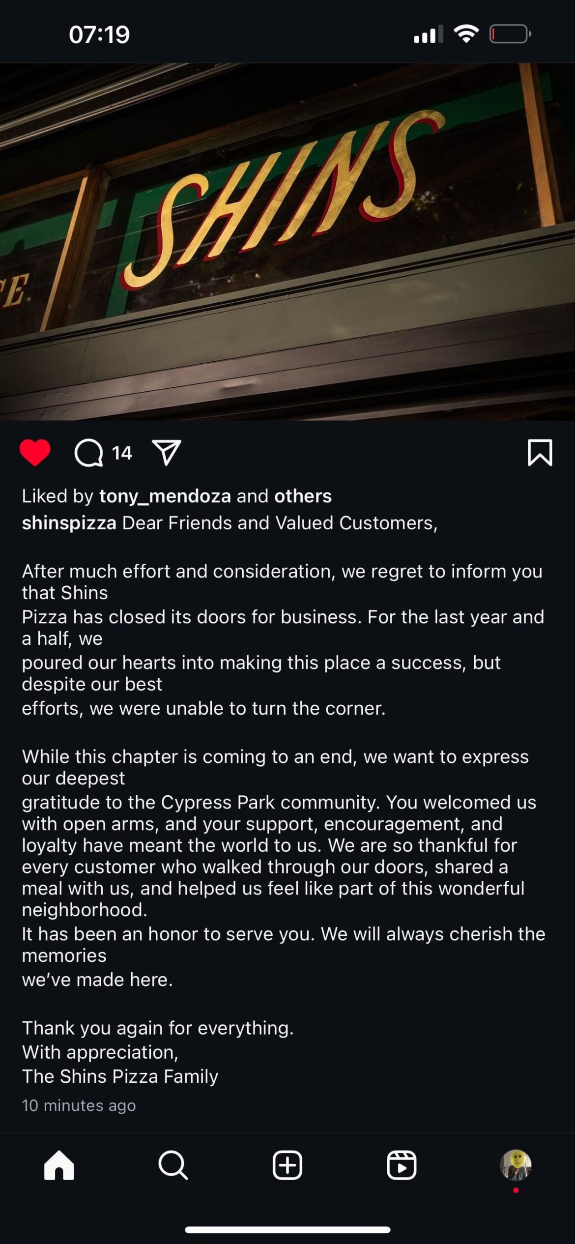 Shins pizza in cypress park is closing