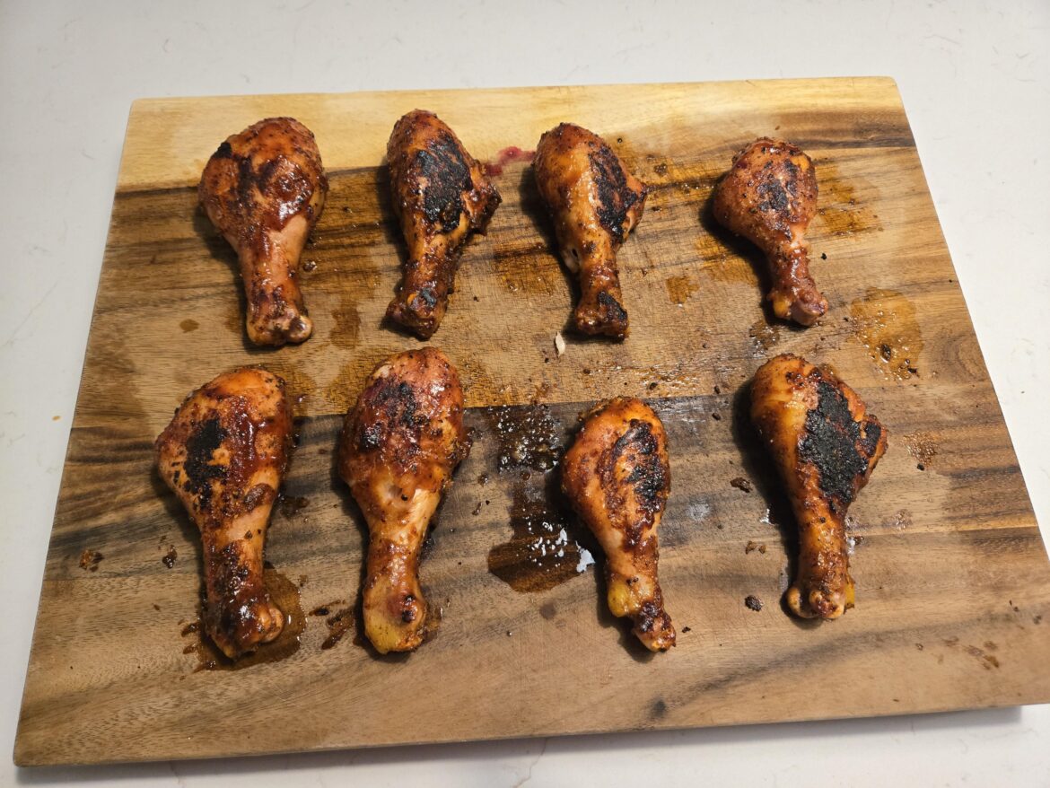 Smoked, Seared, and Glazed Chicken Legs.