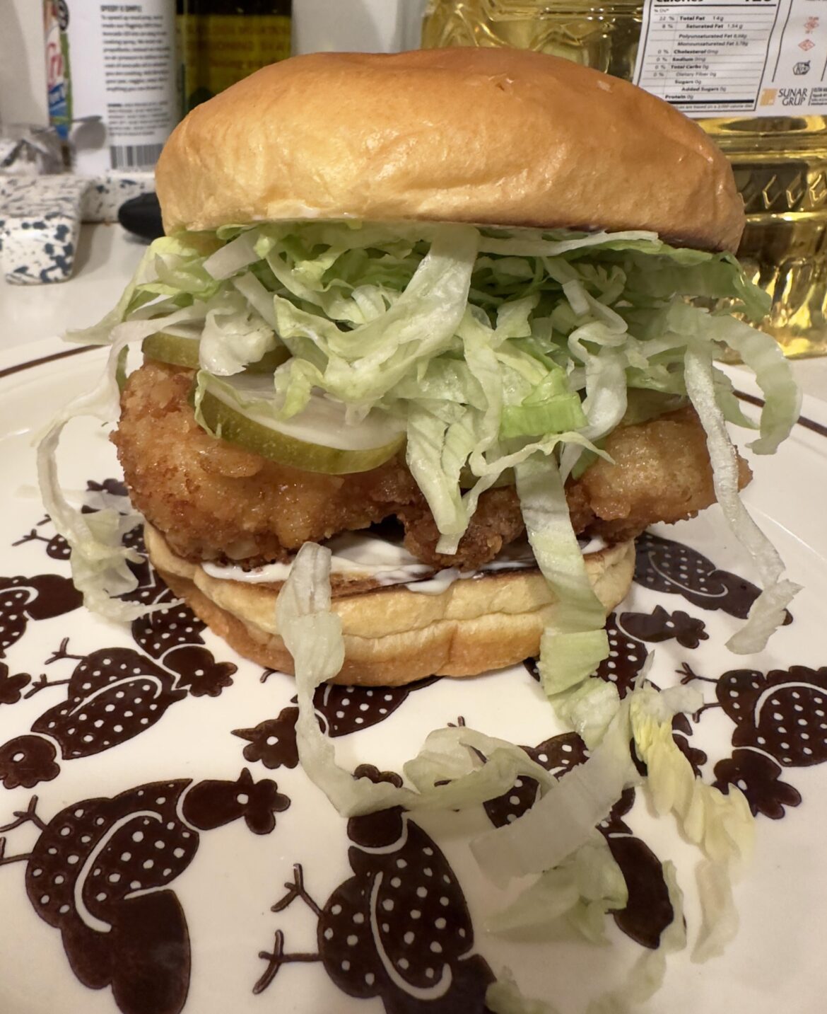 Homemade fried chicken sandwich with my mom’s homemade pickles!