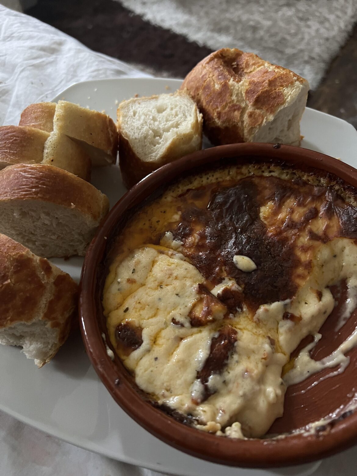Cheddar, mozzarella and chorizo bake with tiger bread