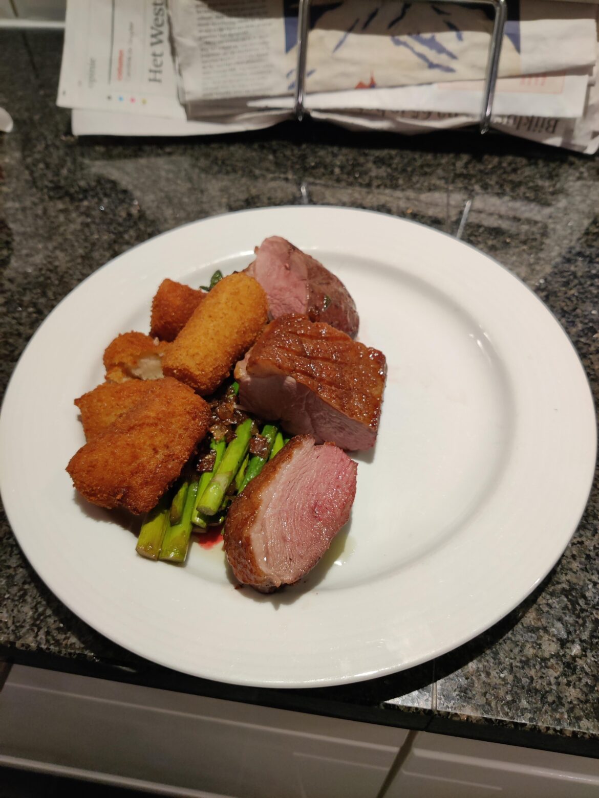 [homemade] orange duck with potato croquettes and fried green asparagus