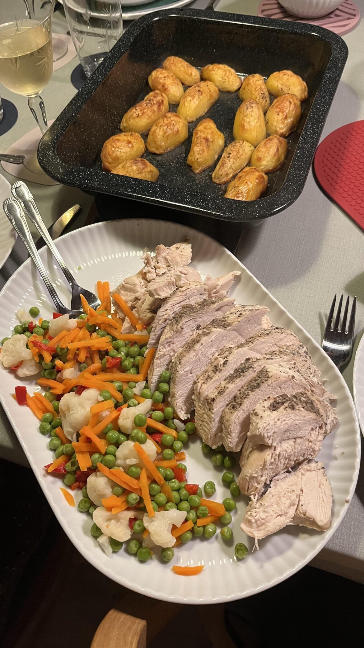 Turkey breast with roast potatoes and veggies
