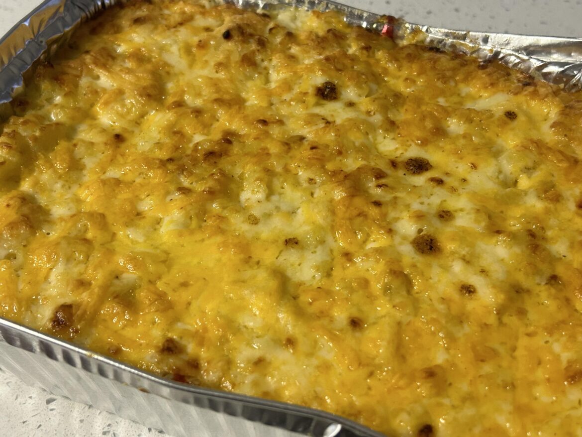 Mac and cheese. This one has some bacon. Cheddar and Parmesan cheese.