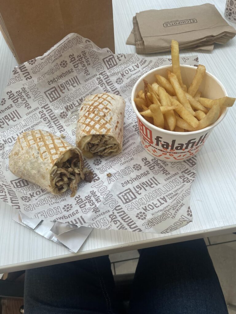 How many calories in this chicken shawarma and about 1/2 of the fries
