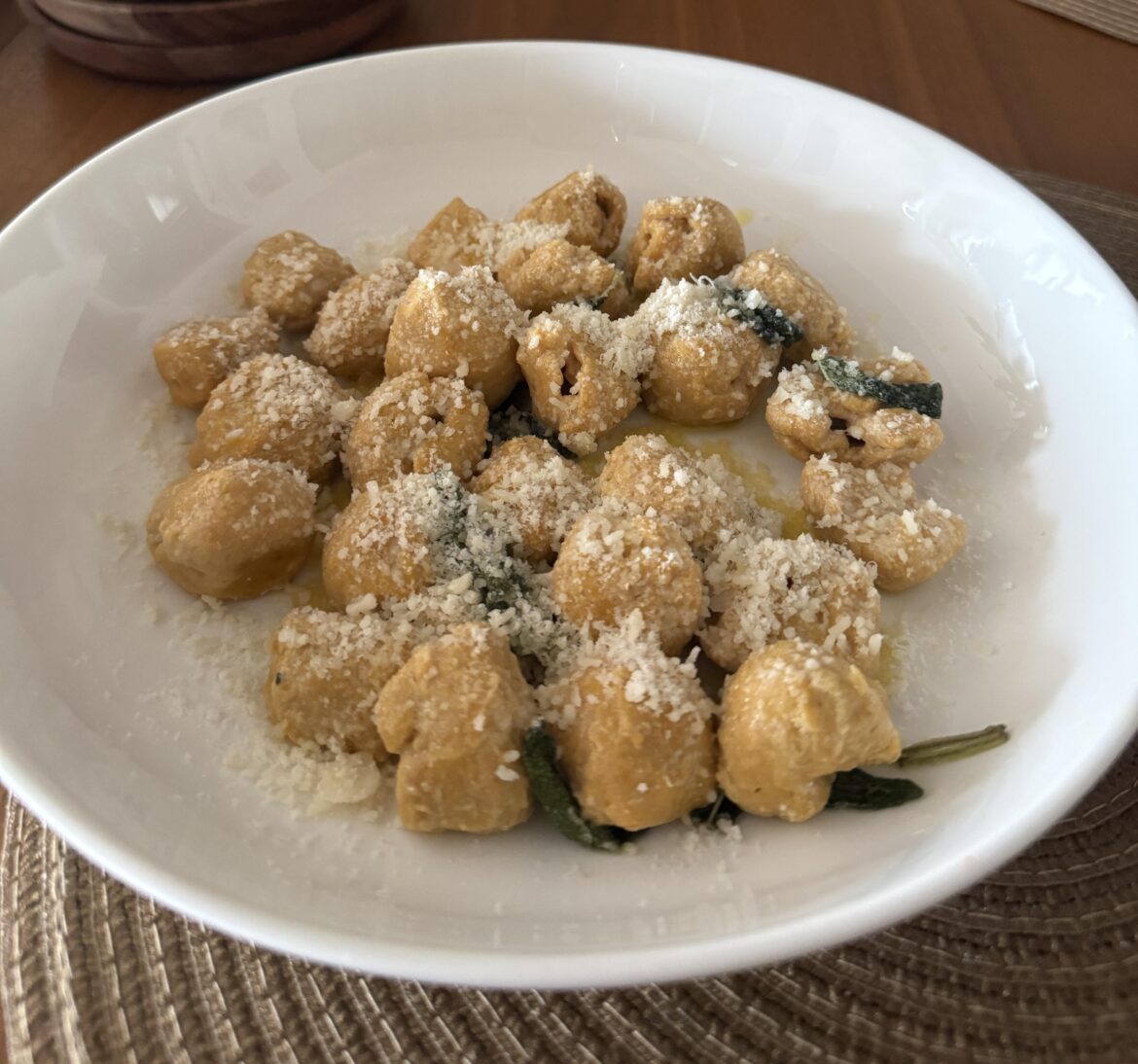 Brown-butter-sage pumpkin gnocchi stuffed with feta