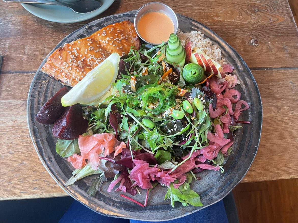 Big lunch with mainly salad and a side of salmon. How did they twirl the cucumbers like that?!