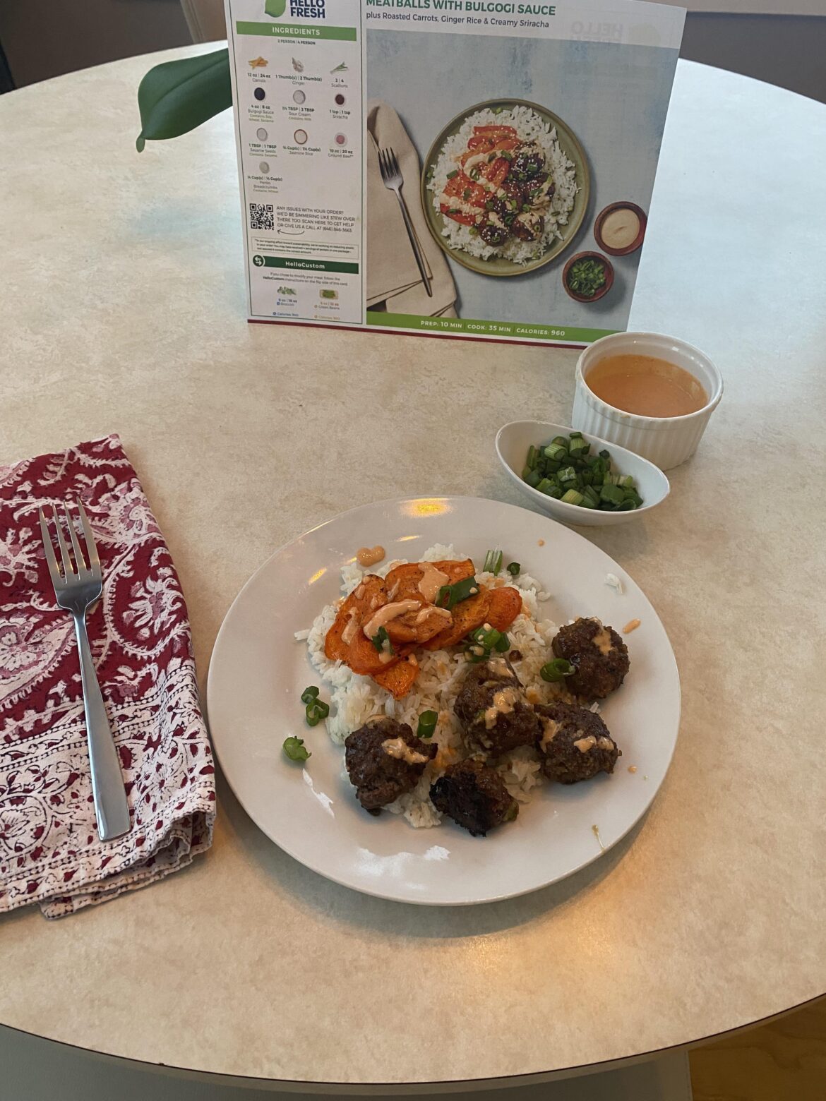 Meatballs in Bulgugi sauce with roasted carrots and ginger rice.