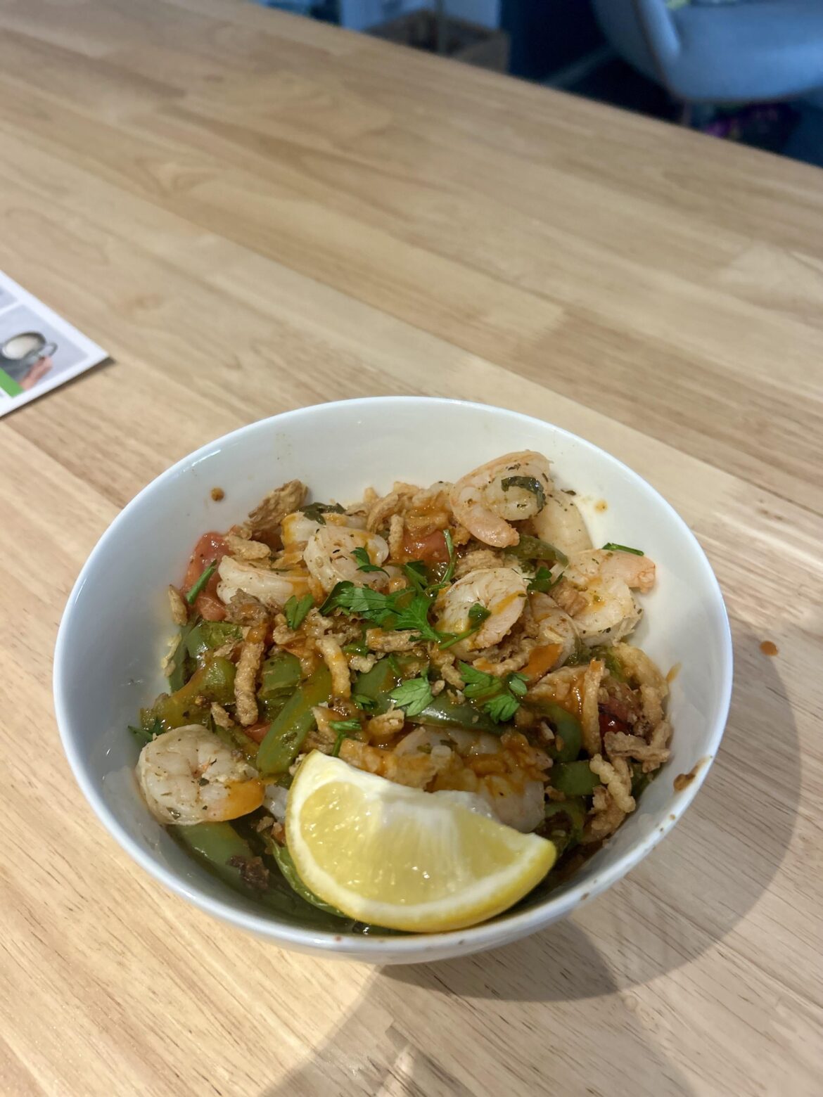 Poached Cajun shrimp and garlic lemon rice (test kitchen) was great!
