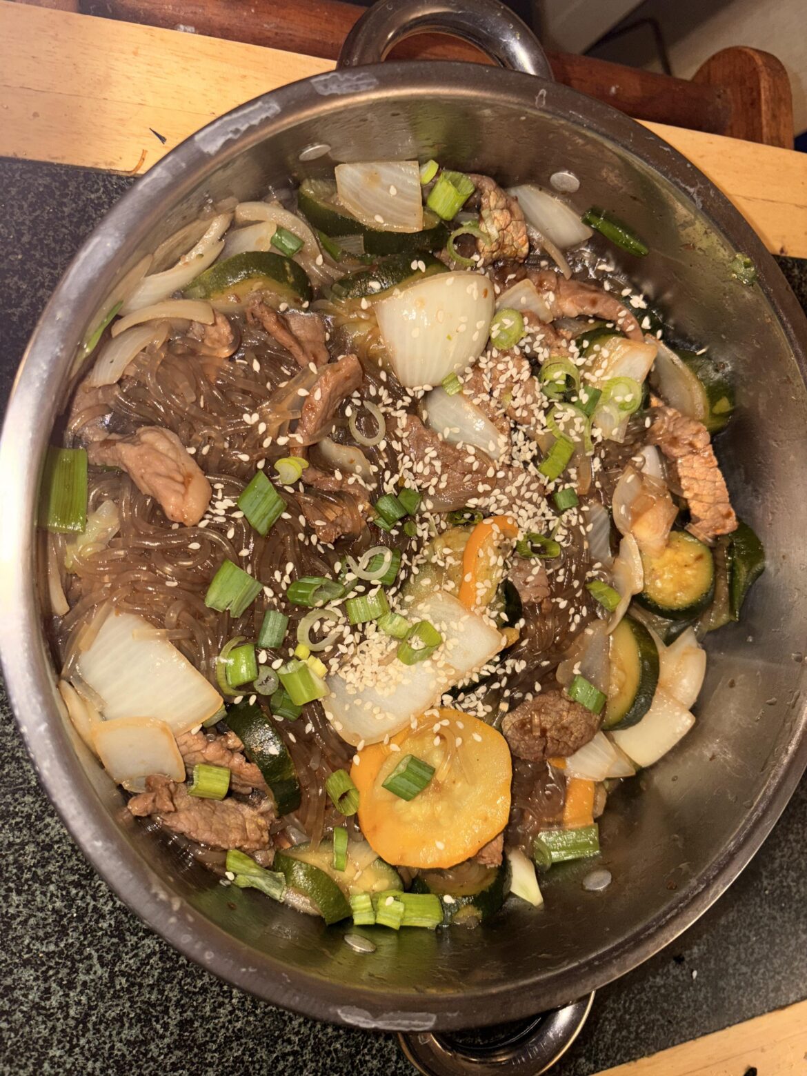 Japchae 2.0 courgette, onions, beef, simple.
