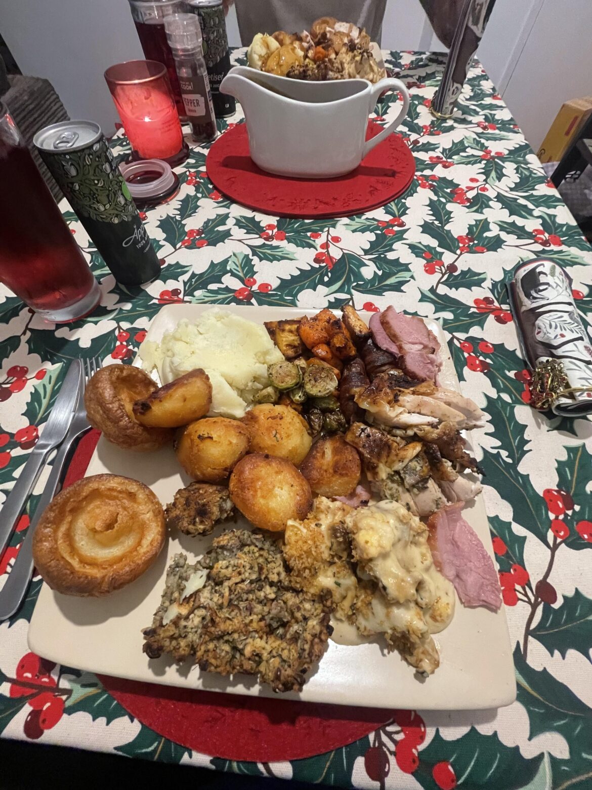 9 months pregnant ready to pop, proud of myself for putting this together. Made everything except yorkshires! Merry Christmas!