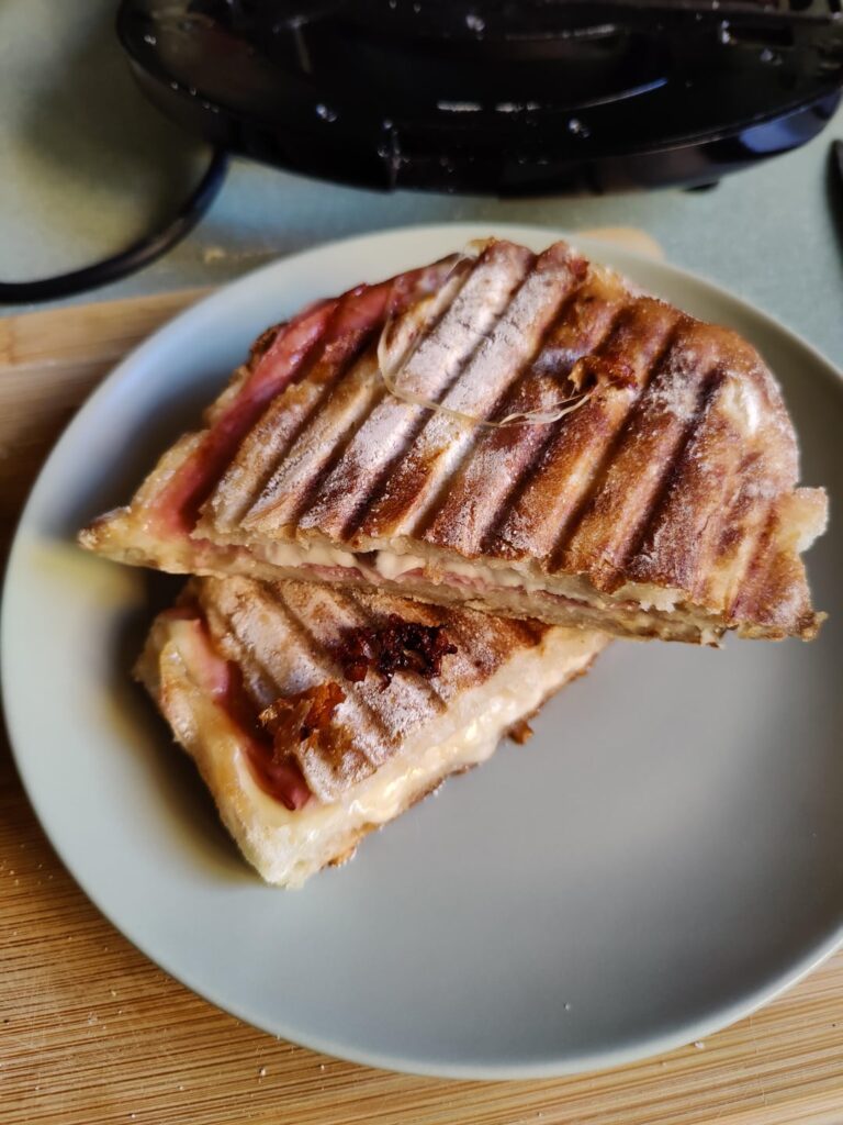 Ham, cheddar, and mozzarella panini with apple and pear chutney because it's Christmas
