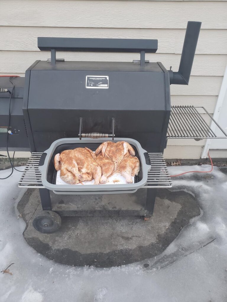 Spatchcocked chickens on the Yoder