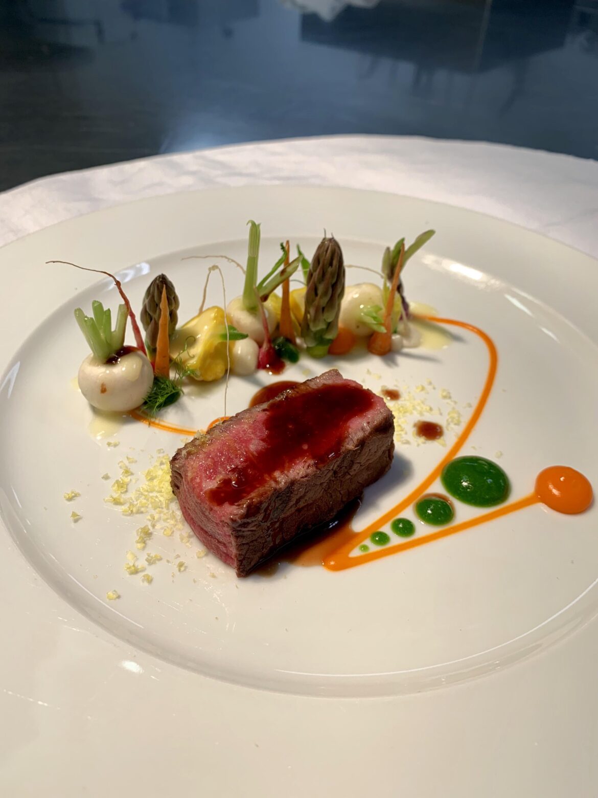 Filet Mignon, Seasonal Baby Vegetables, Carrot Puree, Red Wine Jus